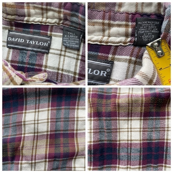 David Taylor Plaid Cotton Flannel Purple Size XL Tall Soft button up shirt - Picture 6 of 11